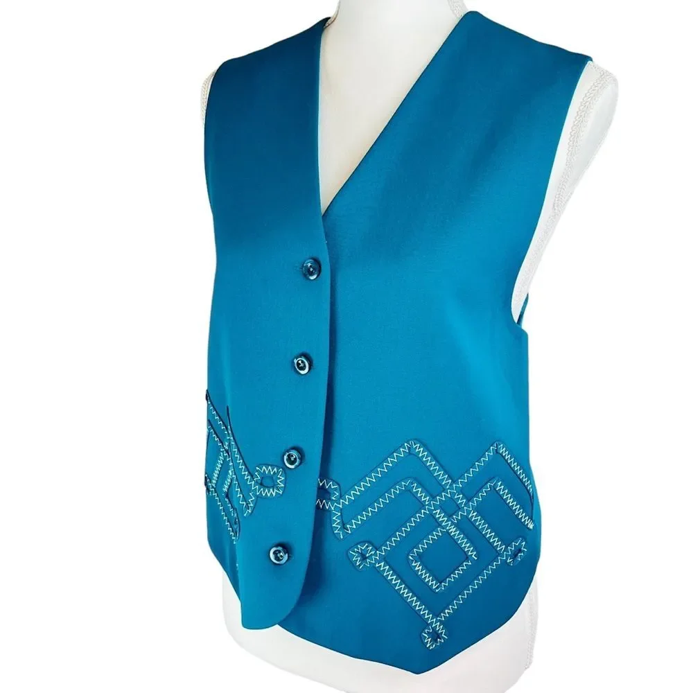 Vintage I B DIFFUSION French Blue‎ Wool Vest Button Front 8 Zig Zag Ribbon